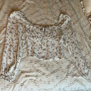 Wild Fable Floral Long Sleeve Blouse - White and Blue